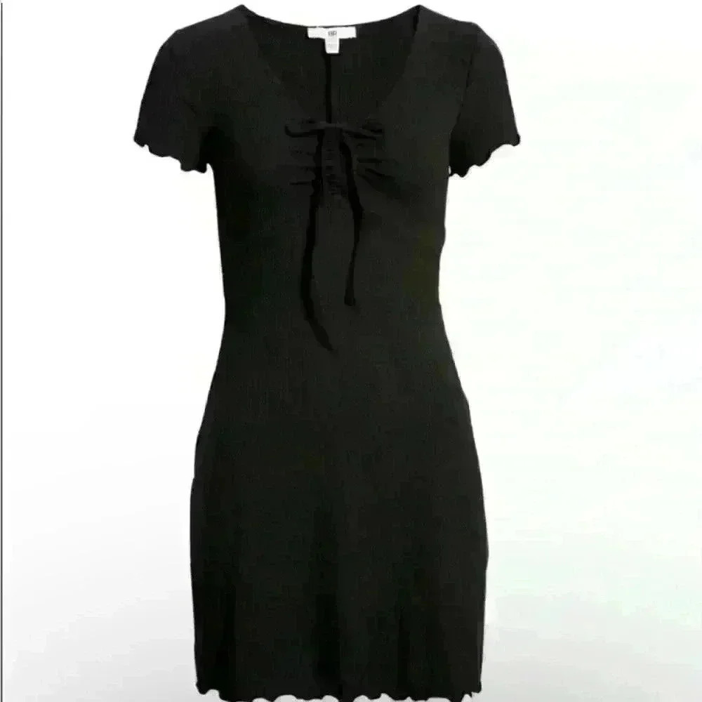 BP. Tie Front Lettuce Edge Rib Dress in Black - Size 2X (NWT) - Picture 2 of 5